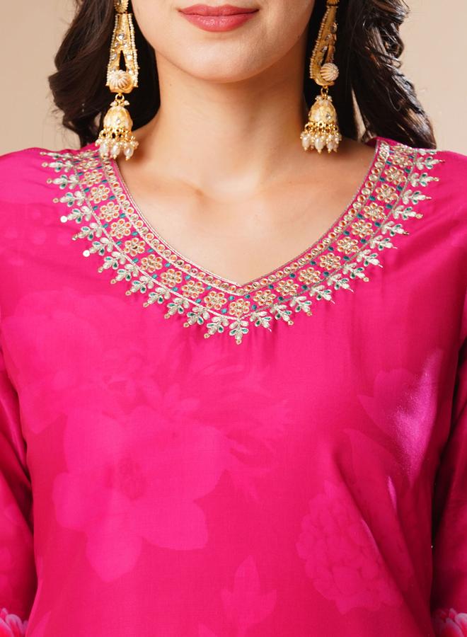 globus Floral Print V Neck Straight Kurta - Image 3